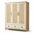 Armadio a tre ante in legno e rattan crema con maniglie in metallo, 160x60x200 cm