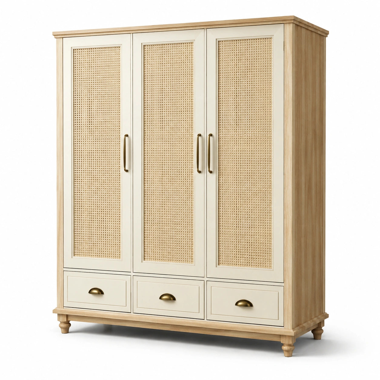 Armadio a tre ante in legno e rattan crema con maniglie in metallo, 160x60x200 cm