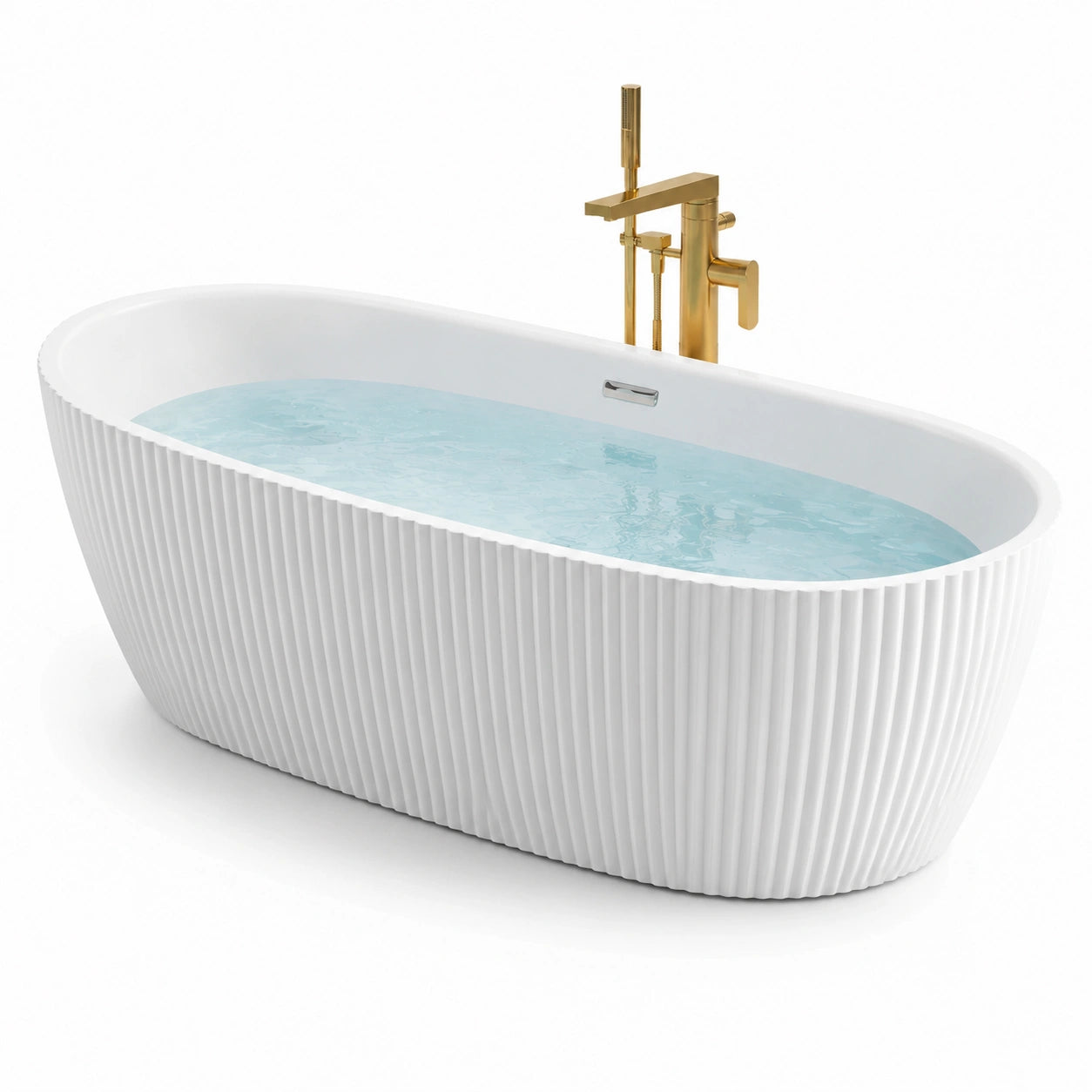 Vasca da bagno ovale in resina bianca con rubinetto dorato