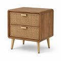 Comodino in legno e rattan con gambe dorate