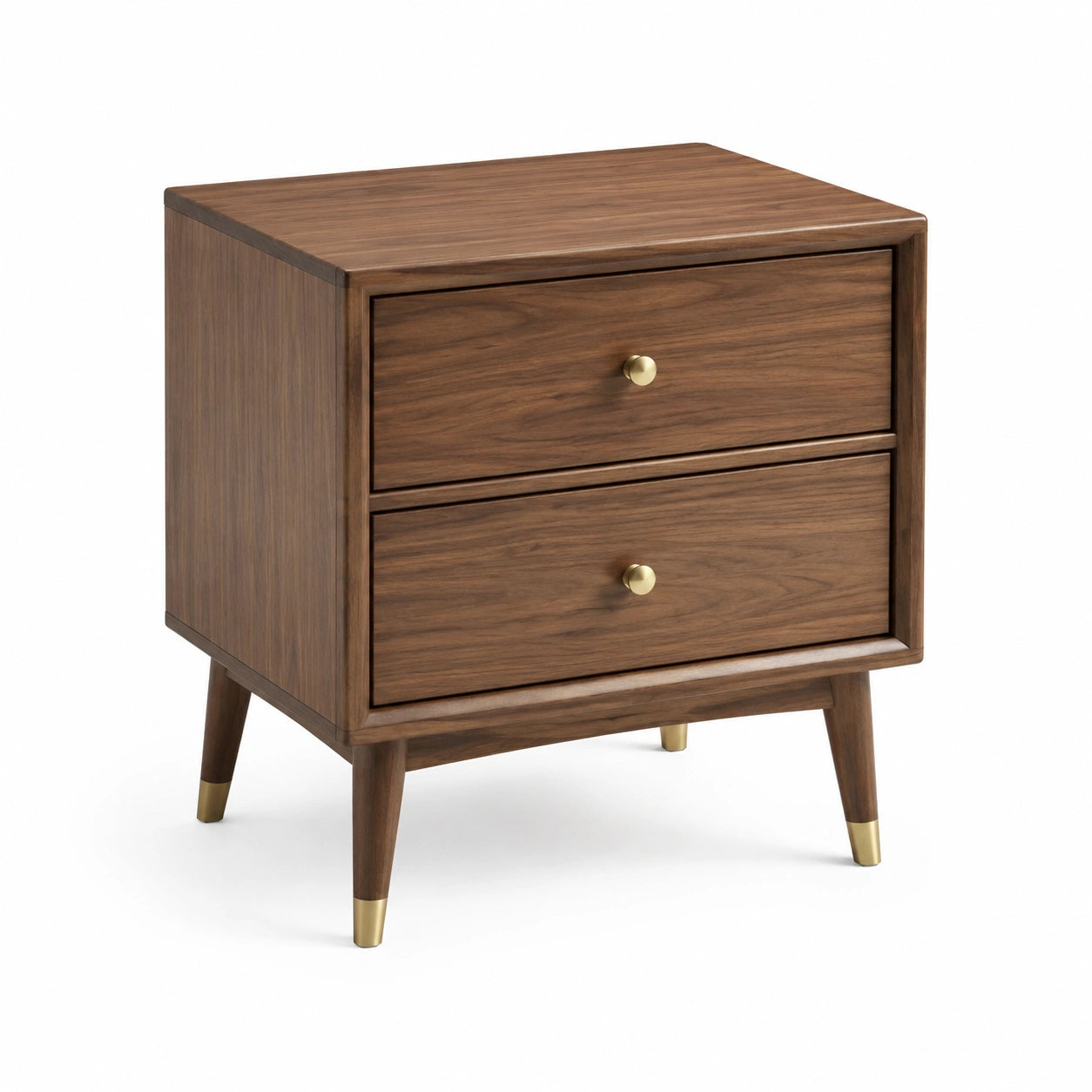 Comodino a due cassetti in legno con dettagli in ottone