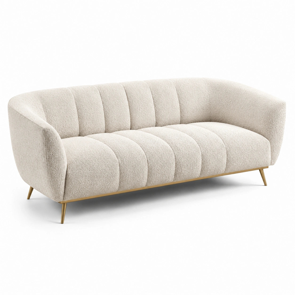 Divano 3 posti in tessuto bouclé beige con gambe in metallo dorato