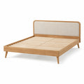 Letto in legno con testiera imbottita in lino beige 200x160 cm