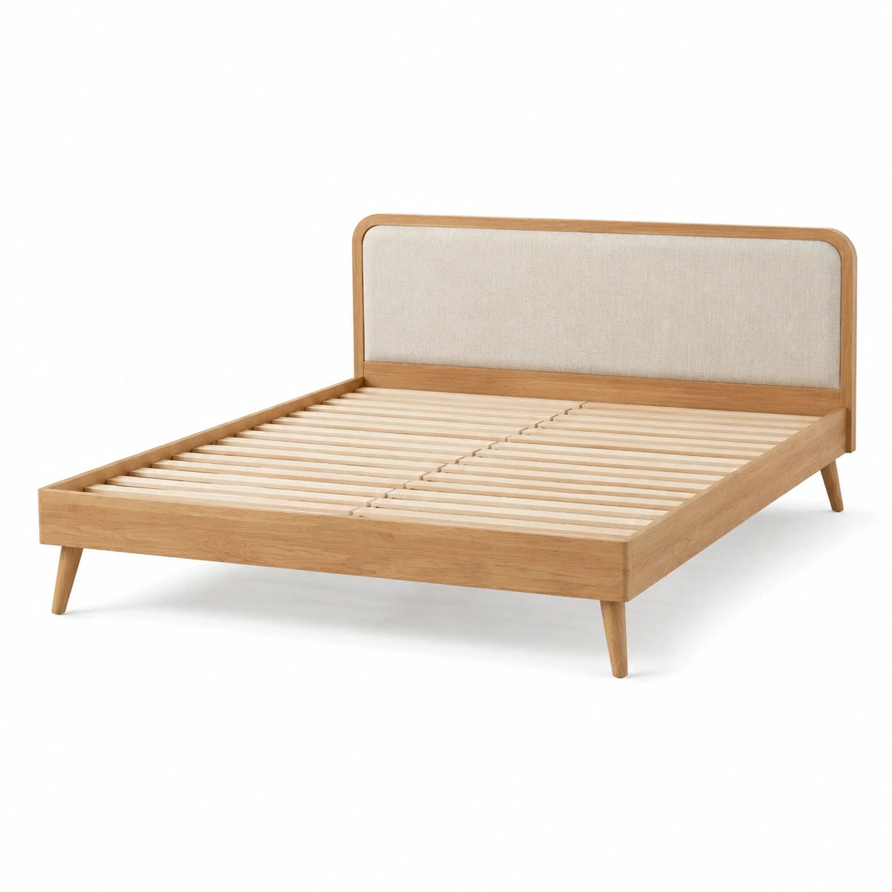 Letto in legno con testiera imbottita in lino beige 200x160 cm