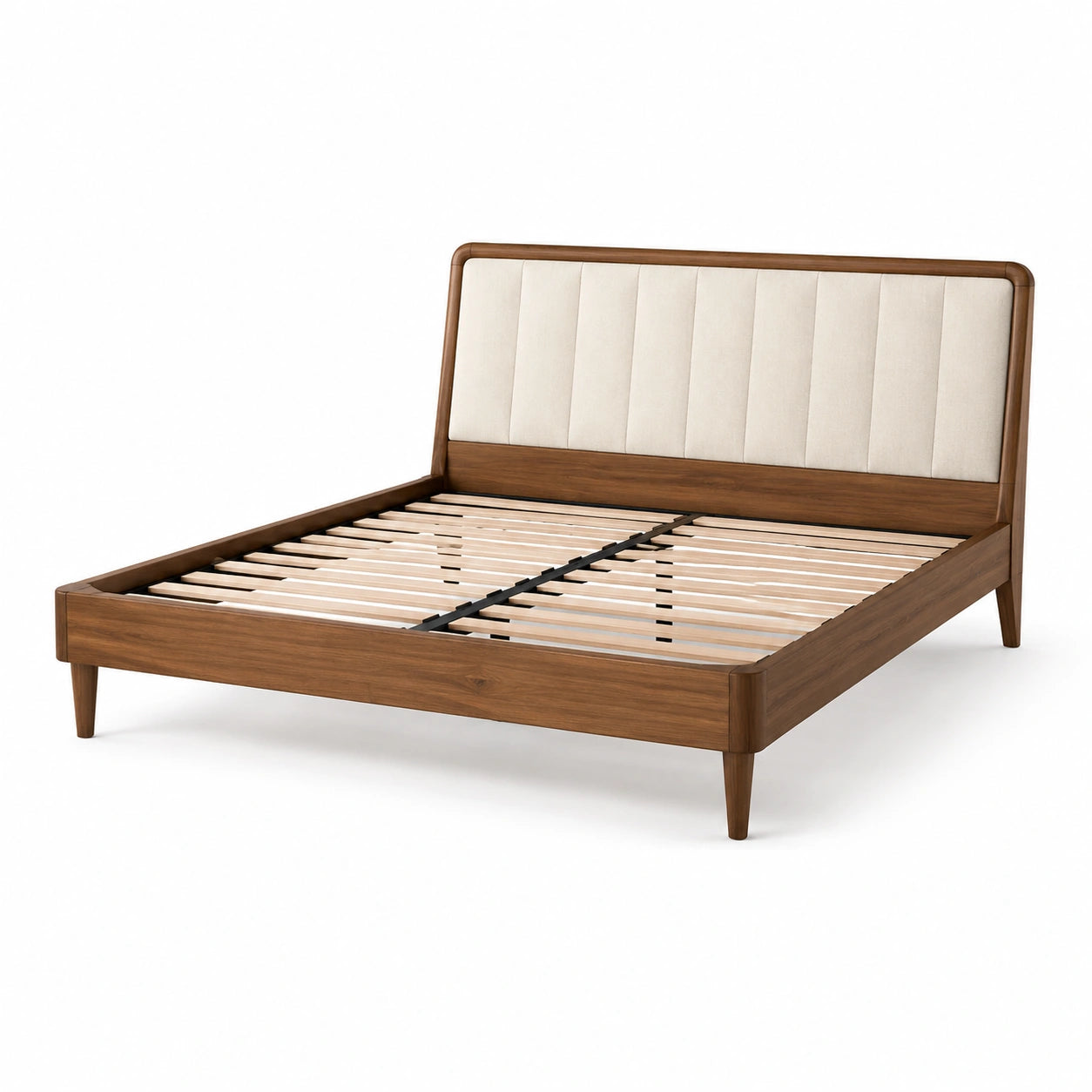 Letto matrimoniale in legno con testiera imbottita in tessuto