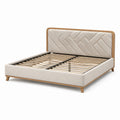 Letto matrimoniale in legno e tessuto beige con testiera imbottita