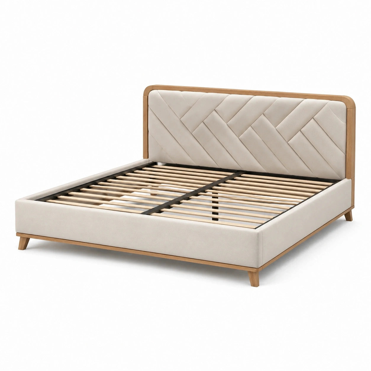 Letto matrimoniale in legno e tessuto beige con testiera imbottita
