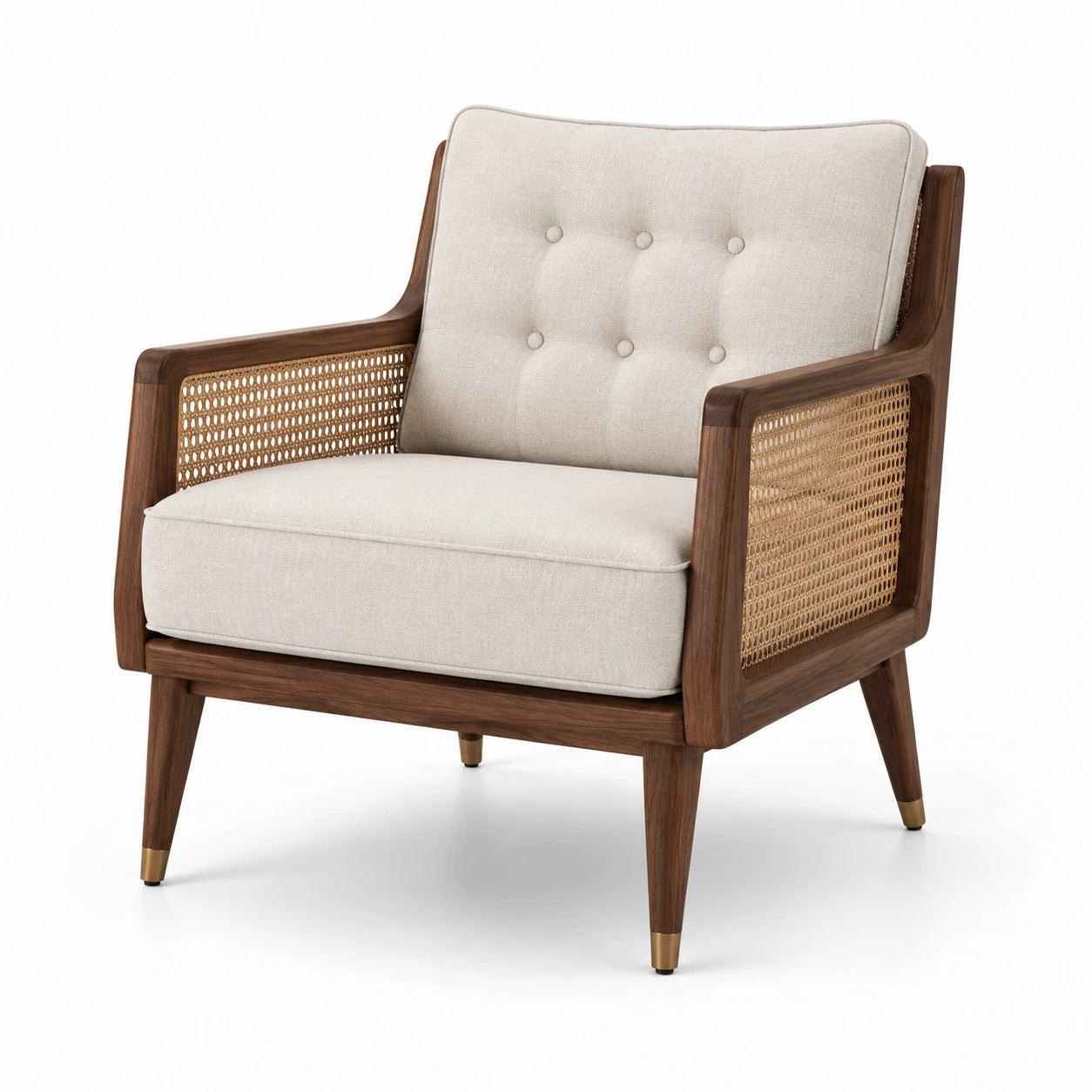Poltrona in legno e rattan con tessuto di lino beige