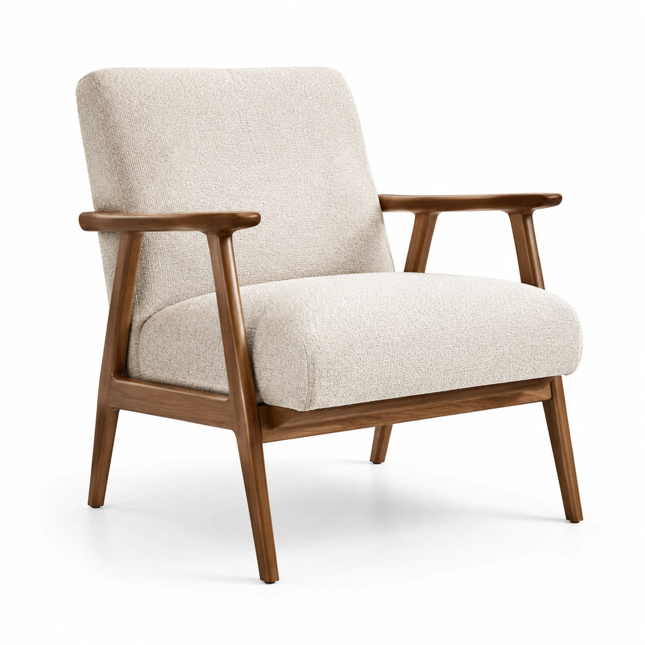 Poltrona in tessuto beige con struttura in legno