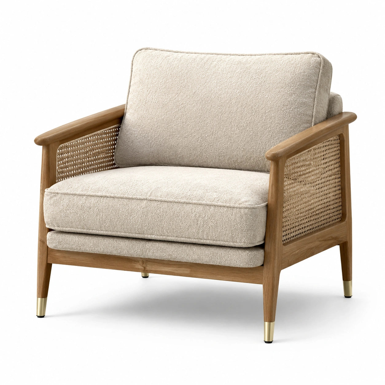 Poltrona in legno di quercia con cuscini in tessuto beige