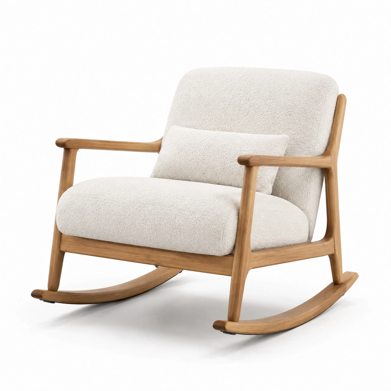 Sedia a dondolo in legno con rivestimento in tessuto beige