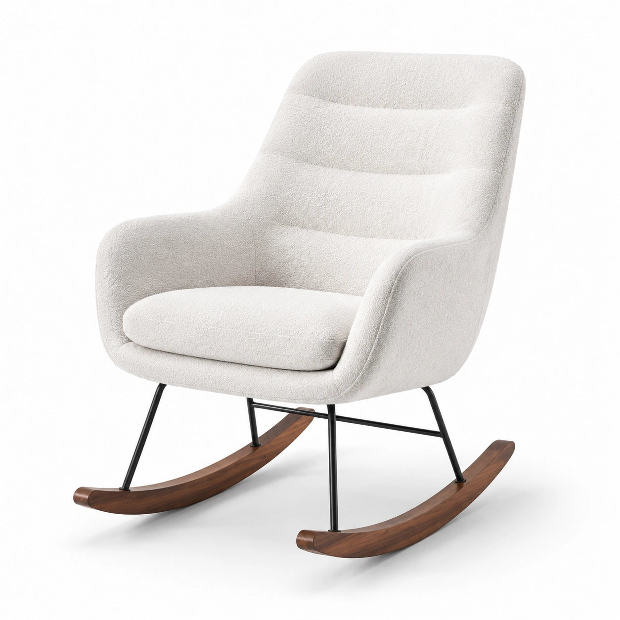 Sedia a dondolo in tessuto bianco con gambe in metallo e base in legno