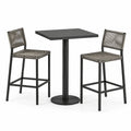 Set da bar in metallo nero con tavolo quadrato e 2 sgabelli in corda intrecciata grigia