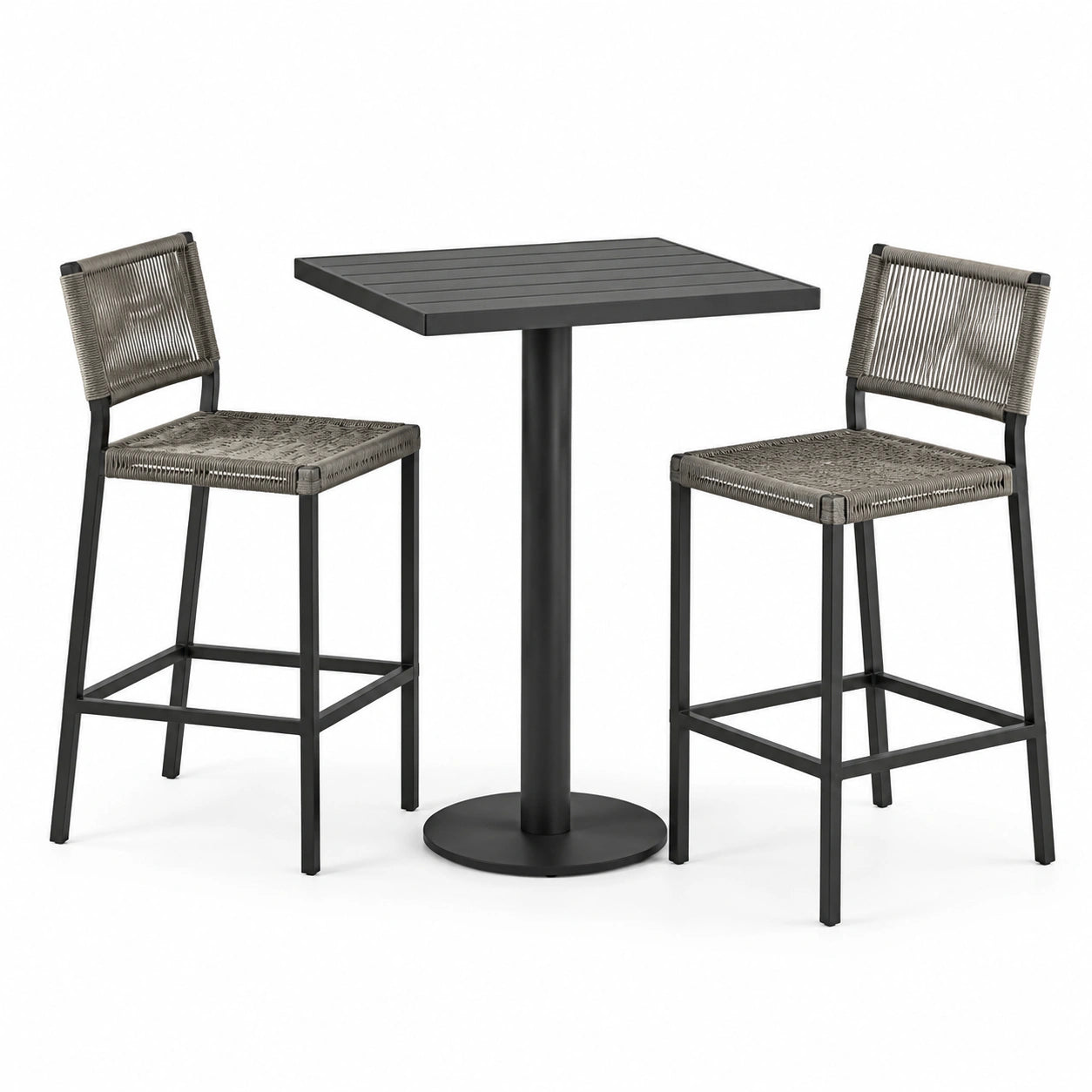Set da bar in metallo nero con tavolo quadrato e 2 sgabelli in corda intrecciata grigia