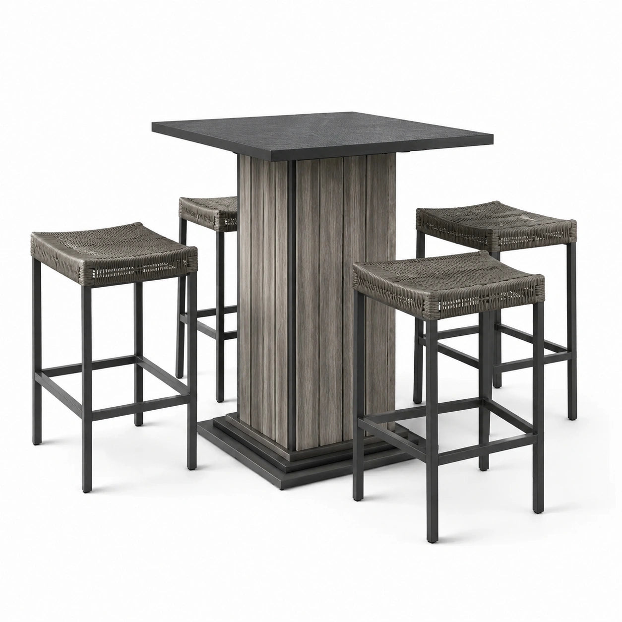 Set da bar in legno e metallo con 4 sgabelli in rattan sintetico grigio